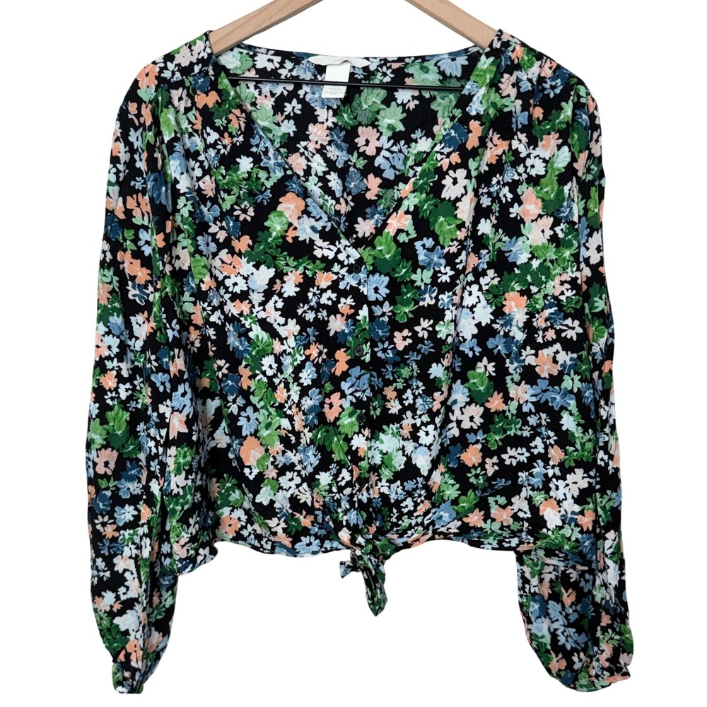 Boho Floral Tie Front Cropped H&M Blouse Large Black Multi-Color‎ Cottage Fairy
